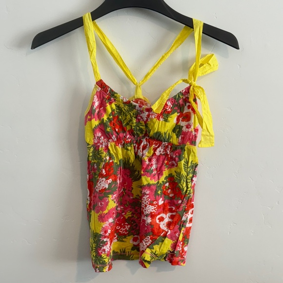 Hollister Tops - Vintage Hollister Yellow Floral Tie-Strap Cami Tanktop with Red & Pink Blooms